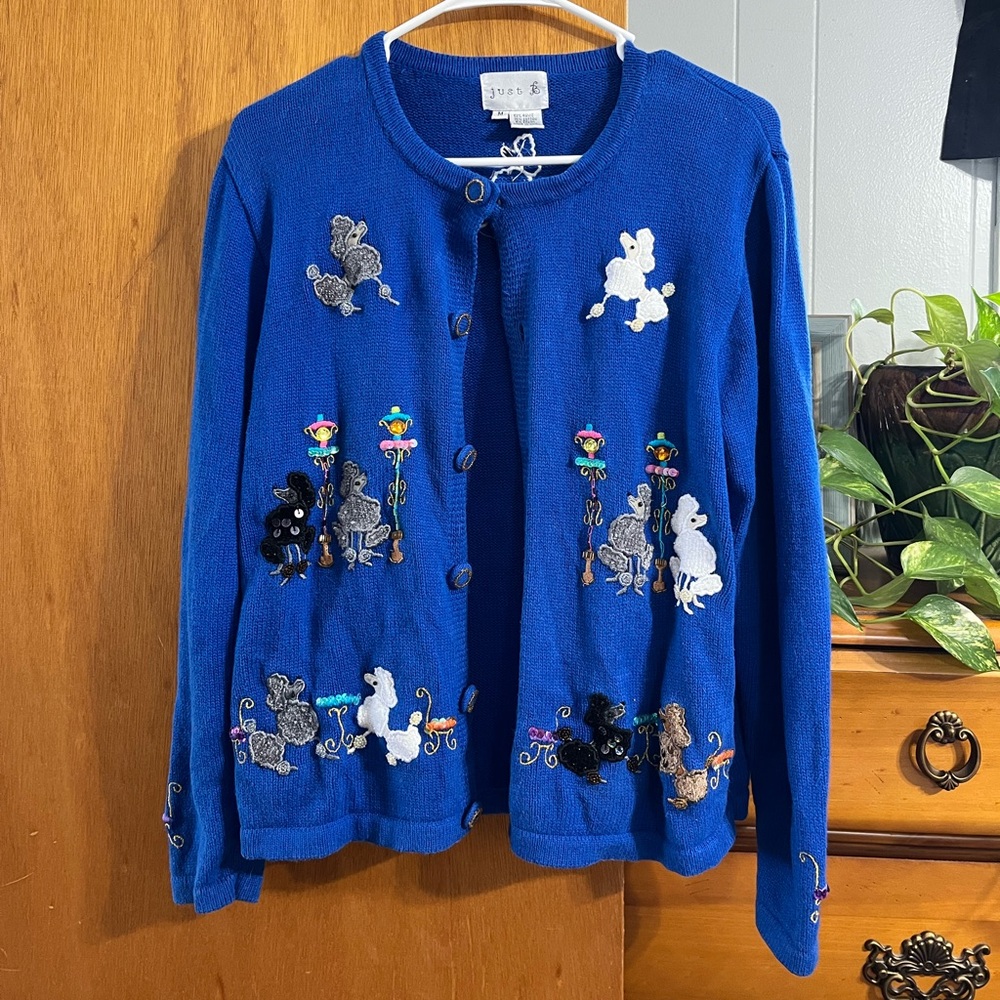 Vintage Just B Embroidered Blue Poodle “Ugly” Size Medium Sweater Cardigan